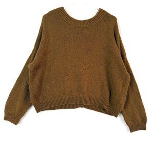 JOA Angora Blend Back Button Relaxed Crew Boxy Cropped Sweater S Green Brown